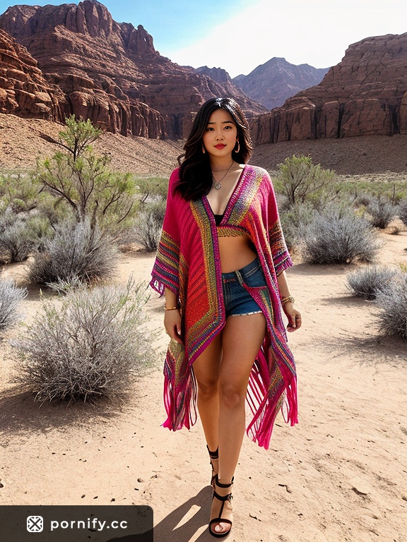 Asian Beauty in Christmas Poncho - Festive Front View 🎄👘