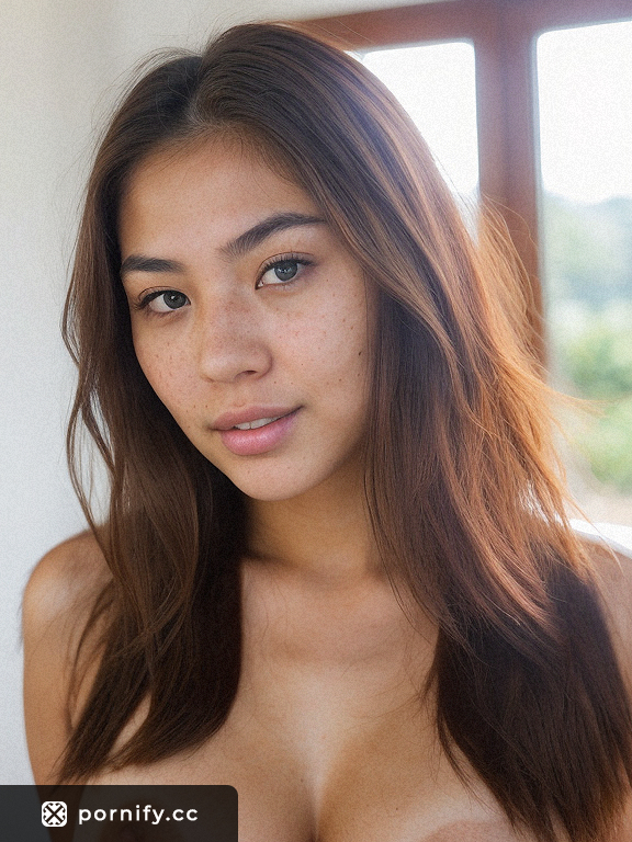 Sultry Teen Asian Babe with Big Round Breasts Straddles in Front of Camera with Messy Haircut and Freckles - Photorealistic Photography