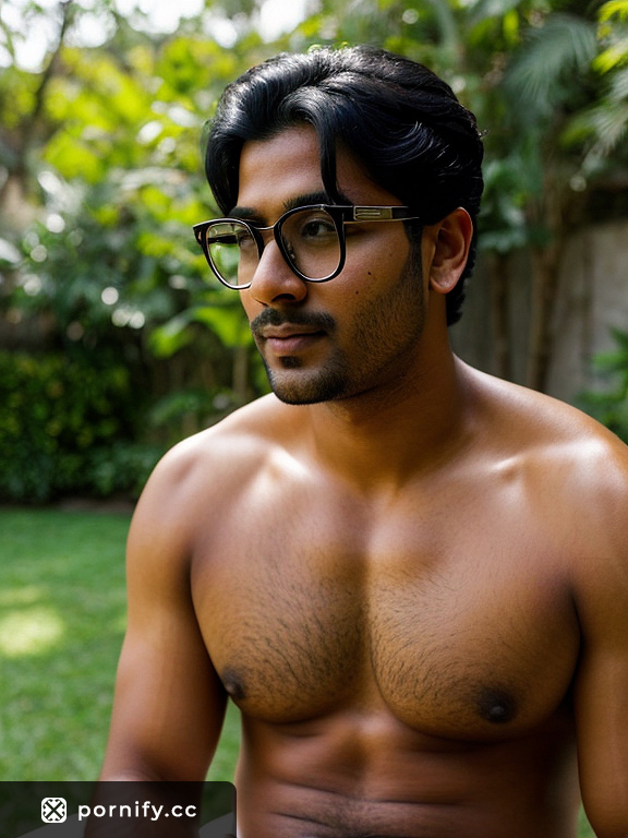 Indian Chubby Guy with Huge Penis Eating Outdoors while Wearing Glasses - Neutral Expression