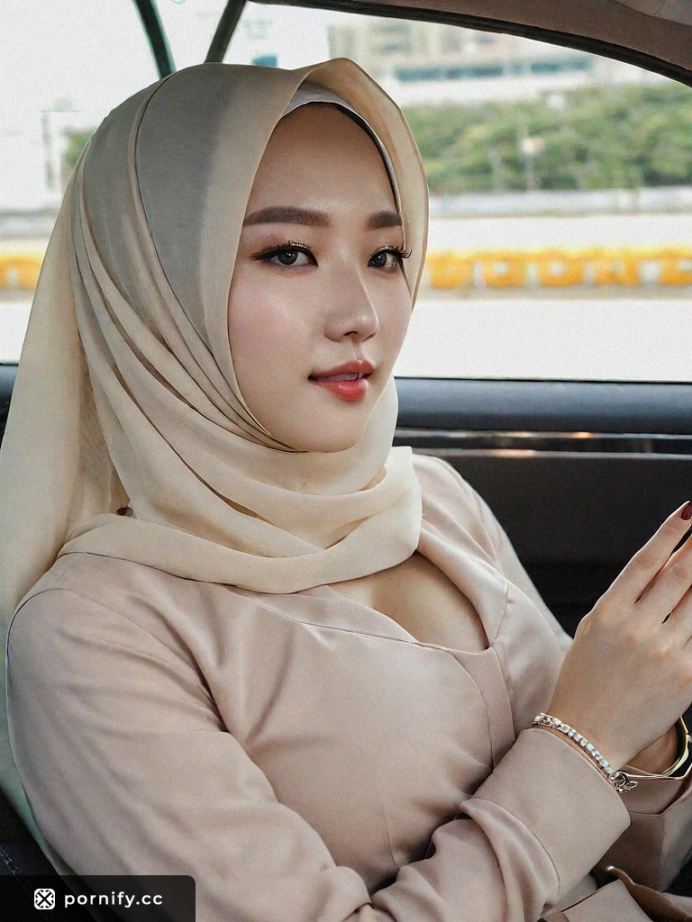 Blonde teen Korean girl blowjob with hijab in car backseat