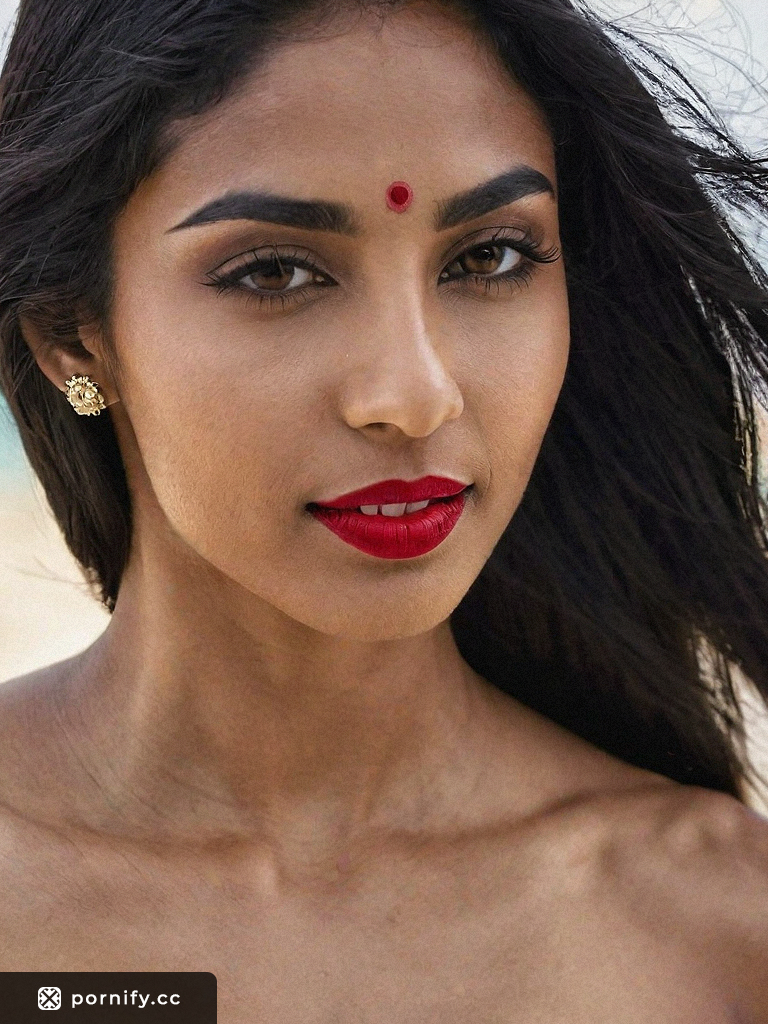 Asian Indian Frontal Slim 20s Photorealistic Nude Beach Red Lipstick Lifting Shirt