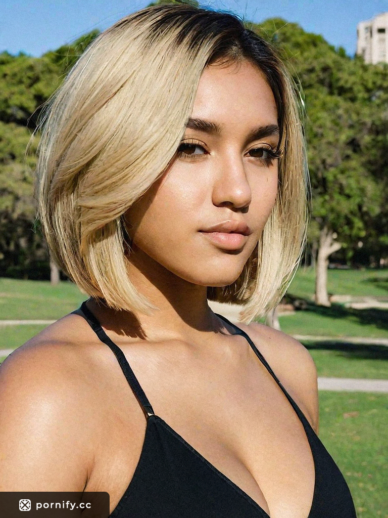 Teen Asian Girl in Red Lipstick Shirtlift Cowgirl Pose with Heart Haircut