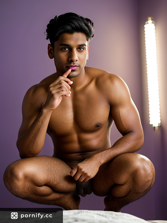 Playful Indian Guy with Medium Penis in Bedroom Posing on Back, Purple Lipstick and Bikini-Line Pussy Haircut